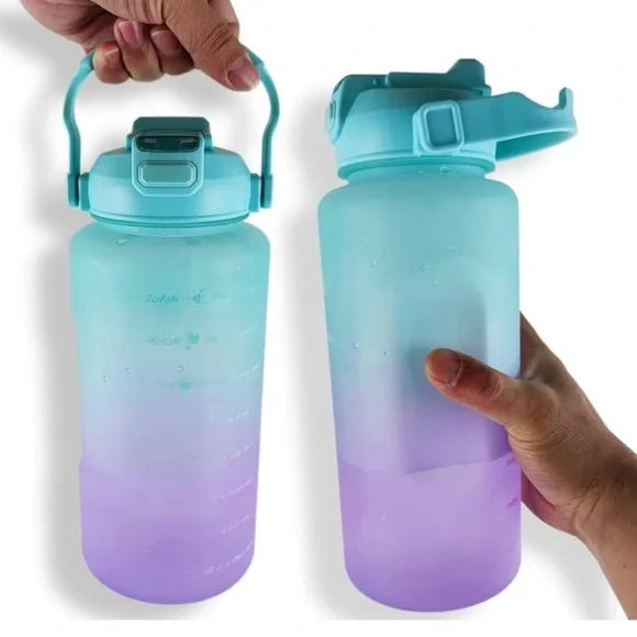 Water Bottle Jug 64oz Built-in Straw Time Marker Gradient Blue Pink Sport Gym - Picture 3 of 11